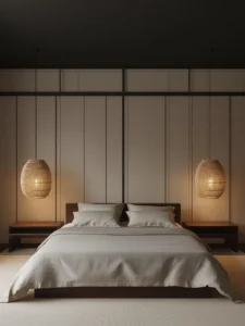 Two tightly woven bamboo pendant lamps