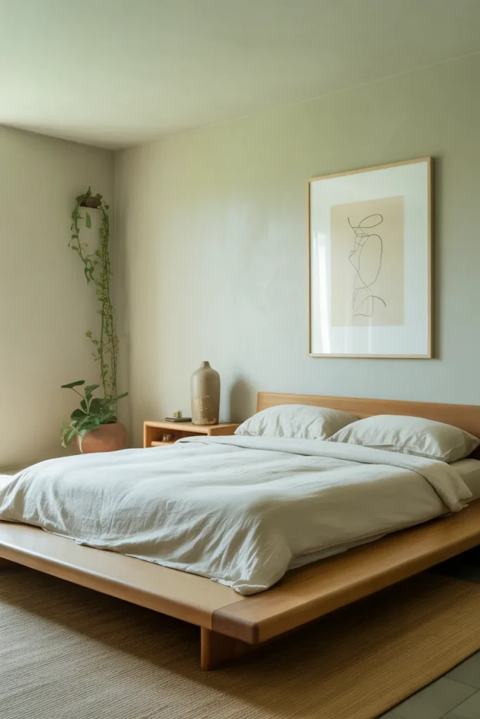 Ultra-low platform bed in natural ash wood, white linen bedding with no pattern