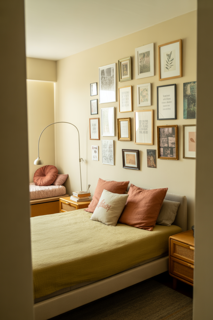 Warm cream walls covered in curated gallery wall