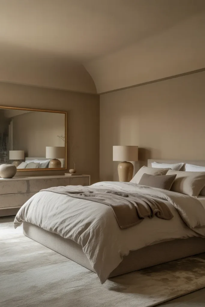 Warm greige walls and ceiling — cocoon effect. Cashmere gray linen duvet with taupe throw.