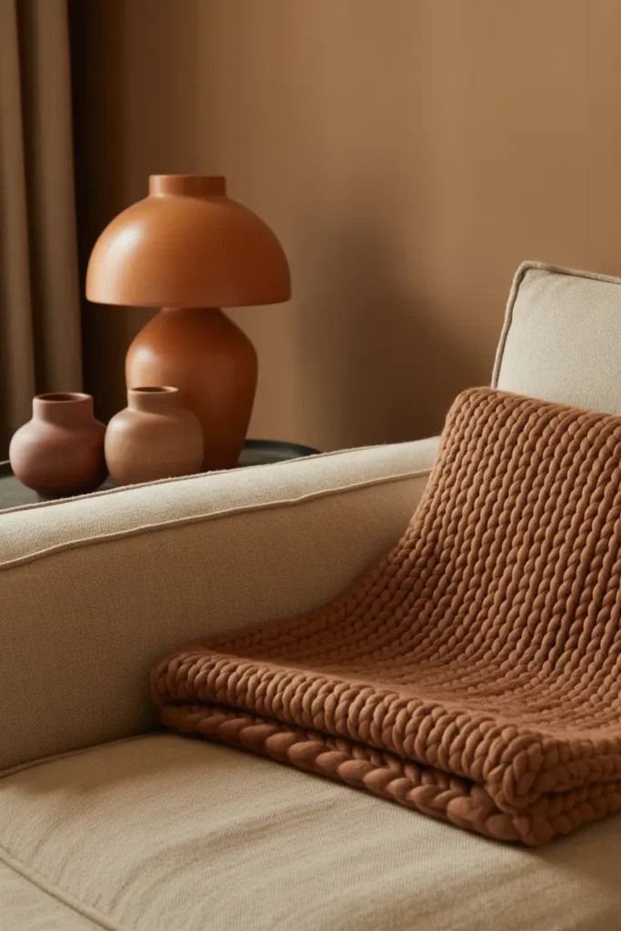 Warm greige walls. An oat linen sofa with a folded mocha chunky knit throw