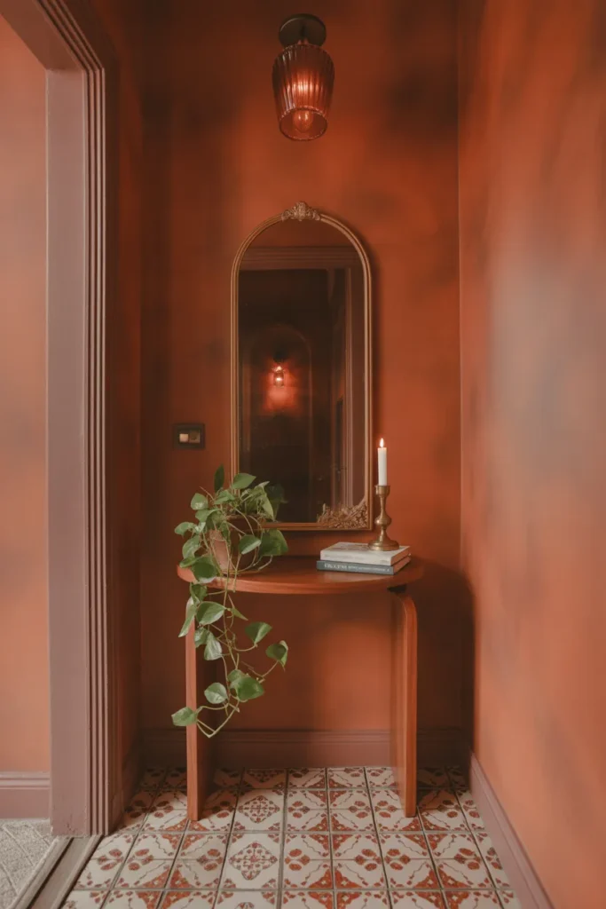 Warm terracotta limewash walls. Arched mirror with ornate brass frame