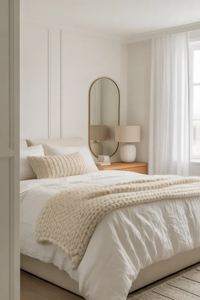Warm white painted walls. White linen duvet layered with ivory chunky knit throw. Boucle off-white pillow