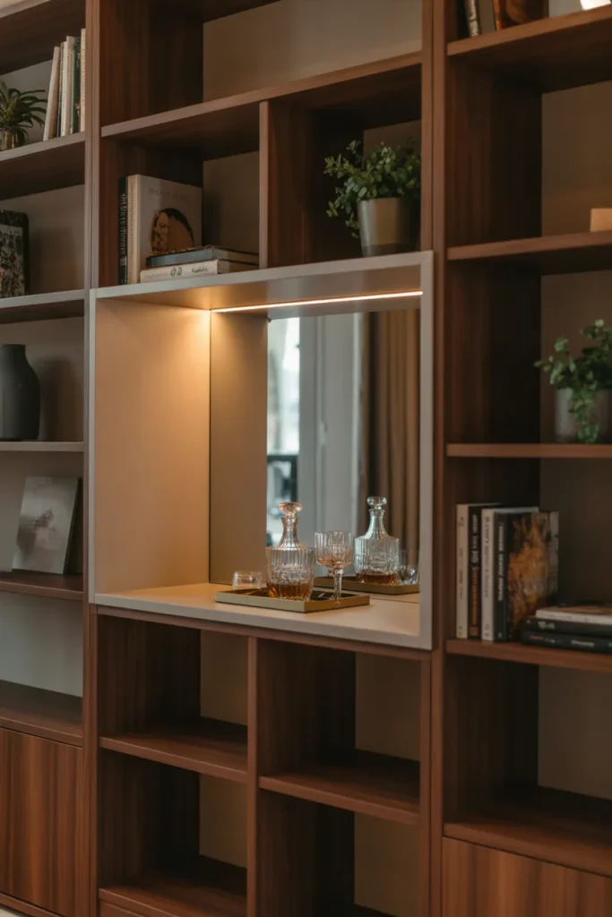 Wet Bar or Coffee Station Built Into Living Room Shelving