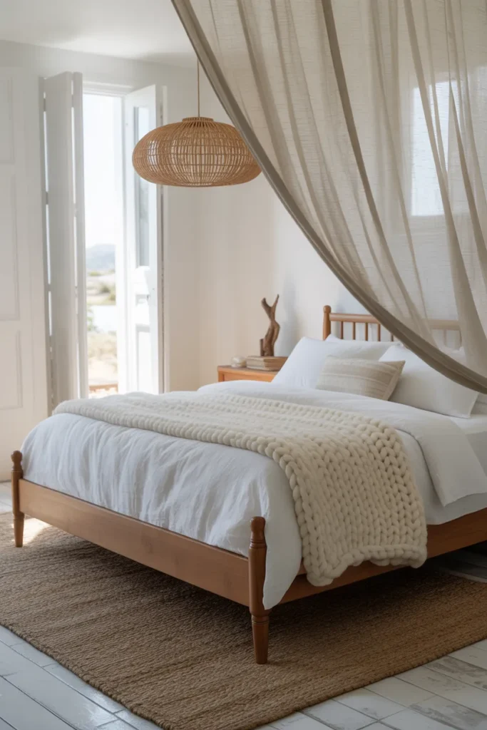 White oak bed frame with simple spindle detail. White linen bedding layered with chunky cream knit throw