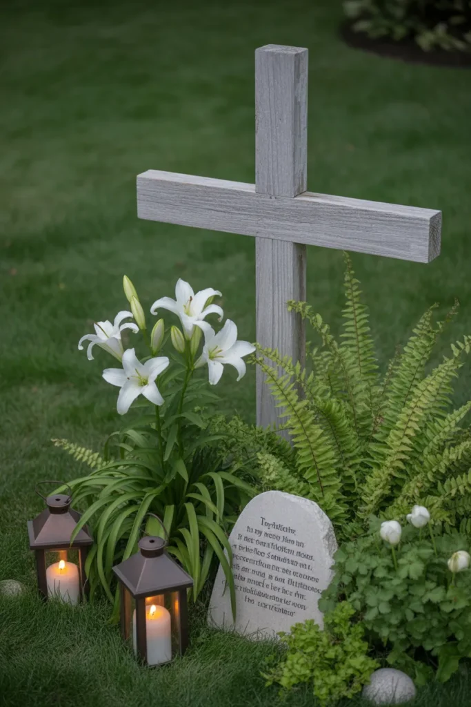 Wooden Cross With White Lilies for a Faith-Inspired Yard Display