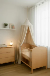 a Scandinavian girl nursery with warm white walls