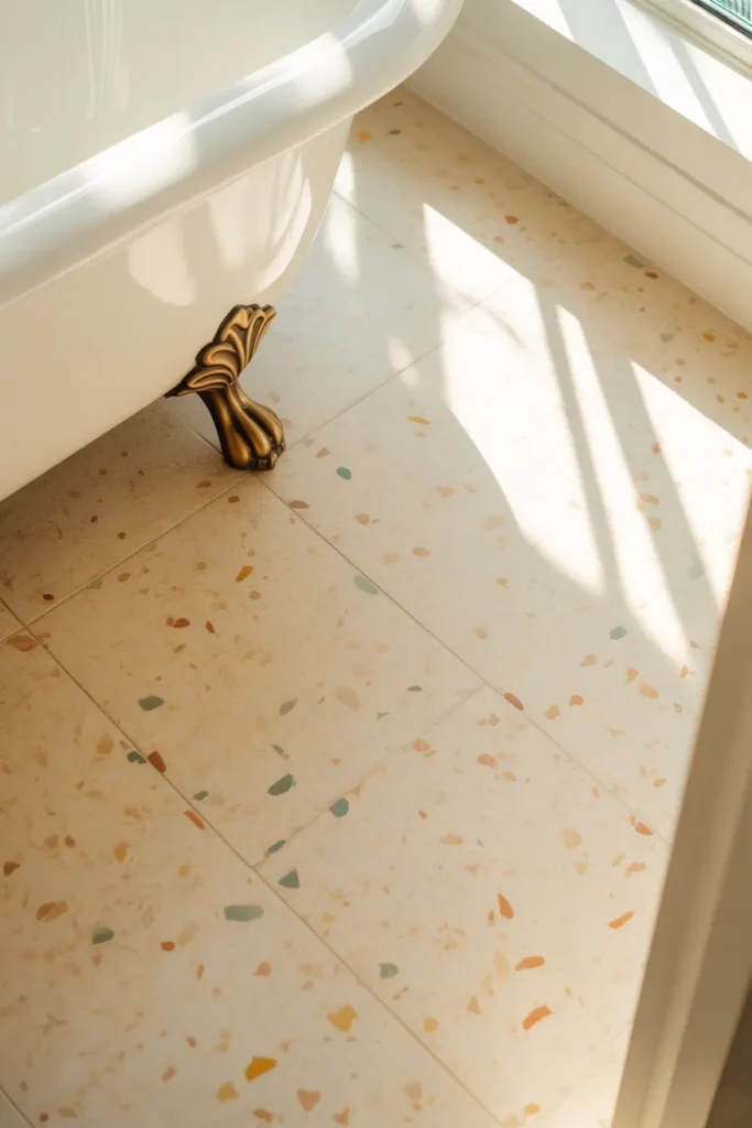 a bathroom floor in warm cream terrazzo tile with fine chips of terracotta, sage green, and warm gold