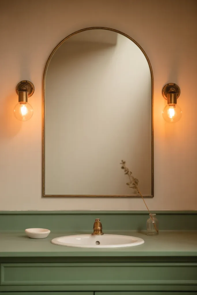 a bathroom vanity featuring a large arched mirror with a thin antique brass frame.