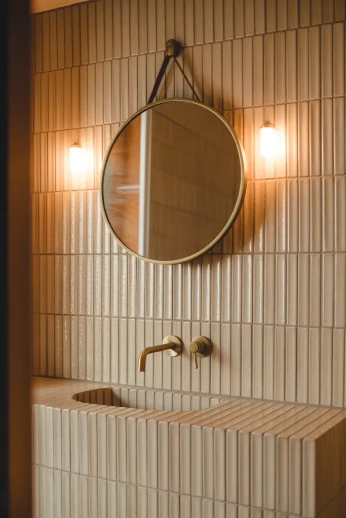 a bathroom vanity wall covered in vertical fluted ceramic tile in warm cream