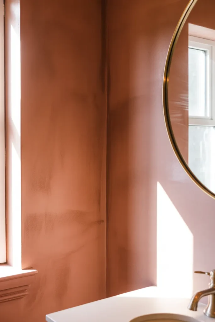 a bathroom wall finished in warm dusty rose limewash paint