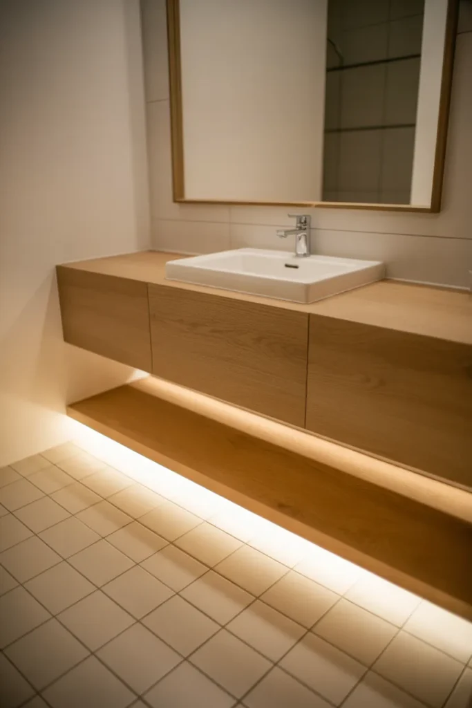 a bathroom with a floating oak wood vanity, floor clearance visible beneath