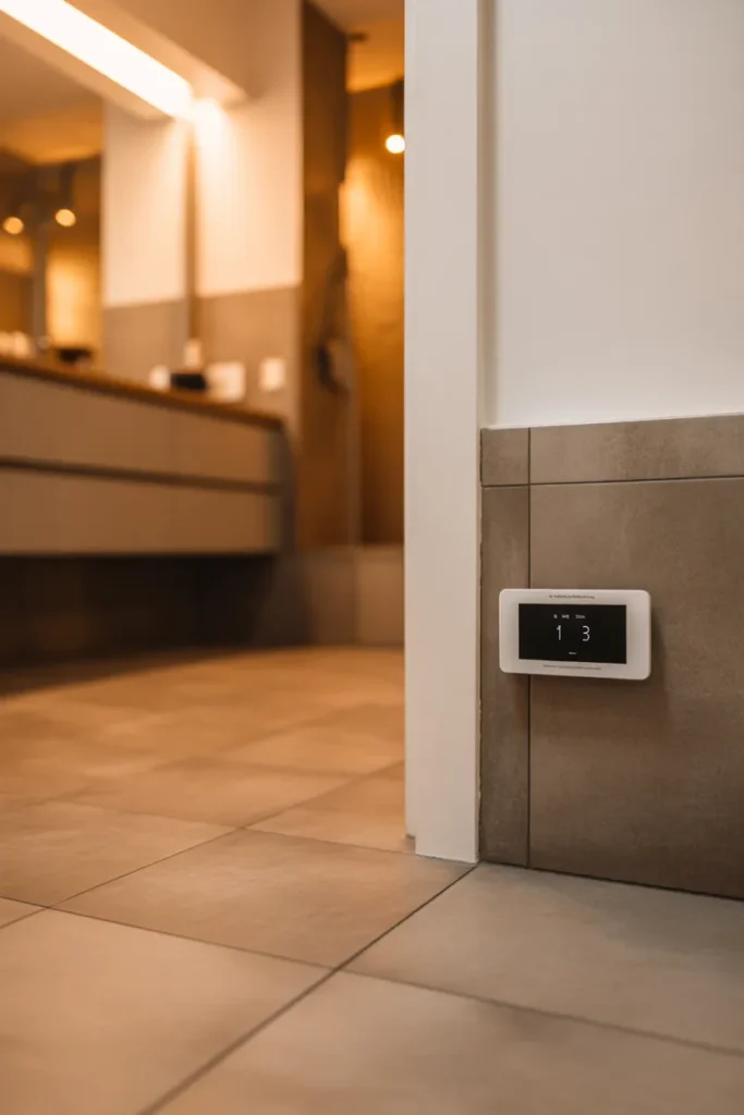 a bathroom with large-format warm grey porcelain tile