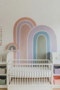 a boy nursery with a hand-painted pastel arch