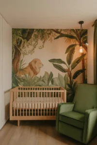 a boy nursery with a large illustrated jungle wallpaper