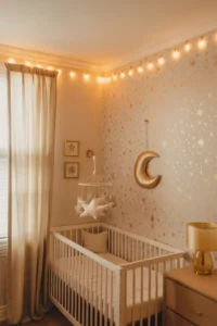 a celestial-theme girl nursery with warm cream walls and a gold star and moon wallpaper accent wall.