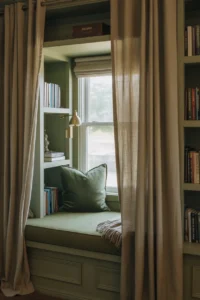 a cozy built-in reading nook inside a family room