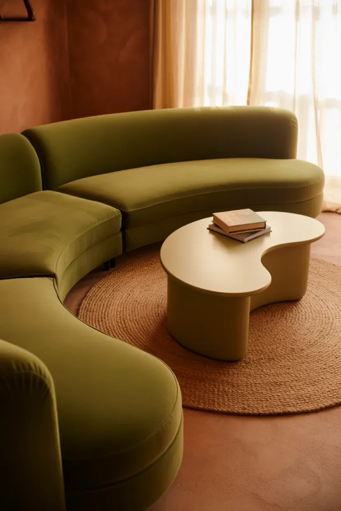 a curved sage green velvet sofa with soft rolled arms