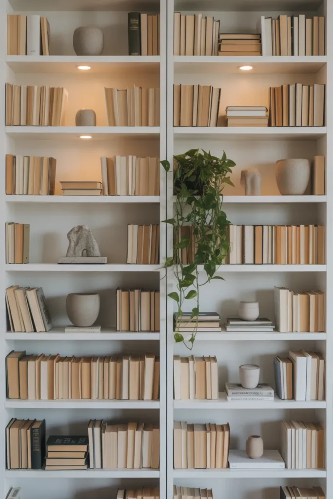 a full-height built-in white bookshelf.