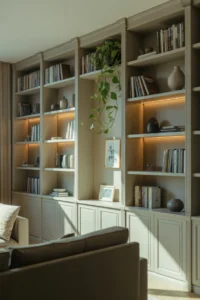 a full-wall built-in bookshelf painted in soft white