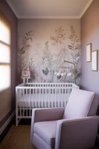 a girl nursery with a delicate botanical floral wallpaper accent wall