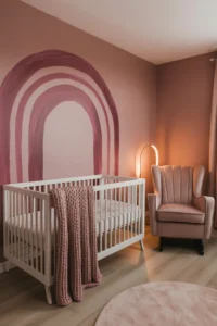 a girl nursery with a dusty rose painted wall featuring a large hand-painted mauve arch above a white crib