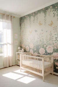 a girl nursery with a full floral garden wallpaper mural on the accent wall
