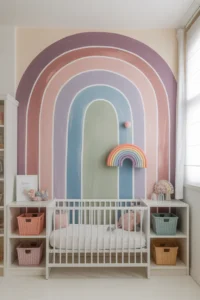 a girl nursery with a hand-painted pastel arch mural on the main wall