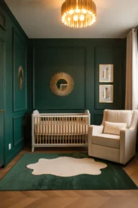 a jewel-toned girl nursery with a deep matte emerald green accent wall