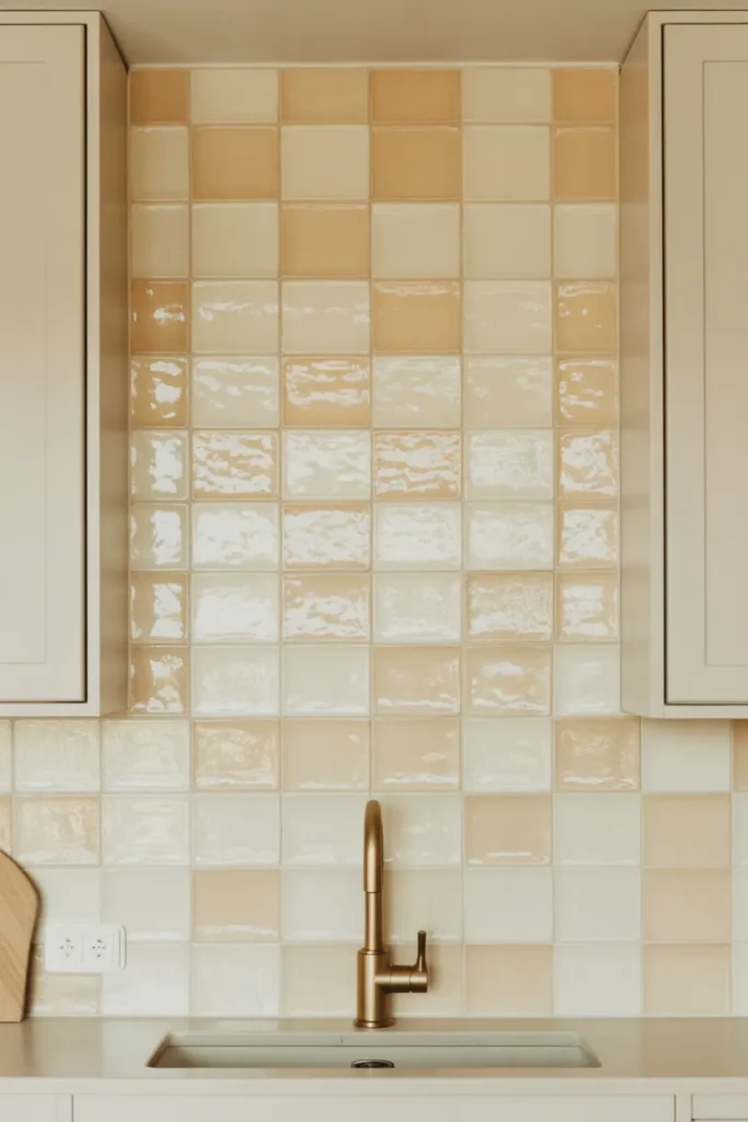 a kitchen backsplash in cream and ivory zellige tile
