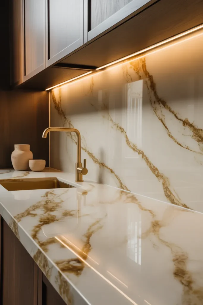 a kitchen countertop and backsplash in continuous slab quartz with dramatic warm cream and gold veining