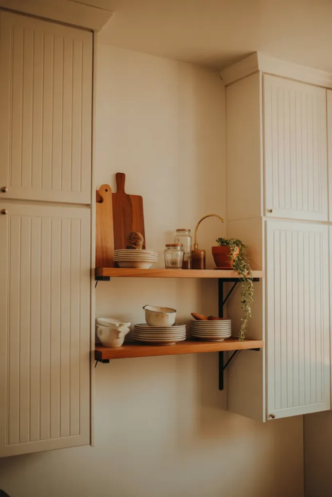 a kitchen wall with two open wood shelves flanked by closed white shaker cabinets on either side
