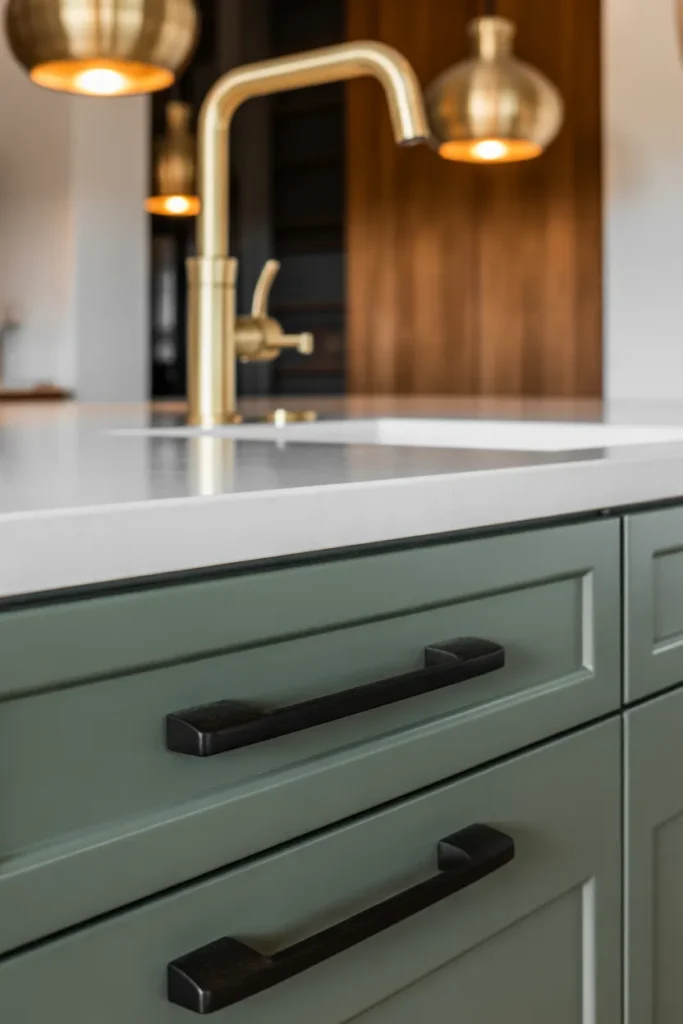 a kitchen with brushed brass pendant lights over a white island. Brushed brass faucet at the sink