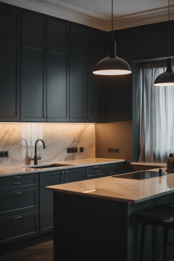 a kitchen with deep charcoal matte cabinets, both upper and lower