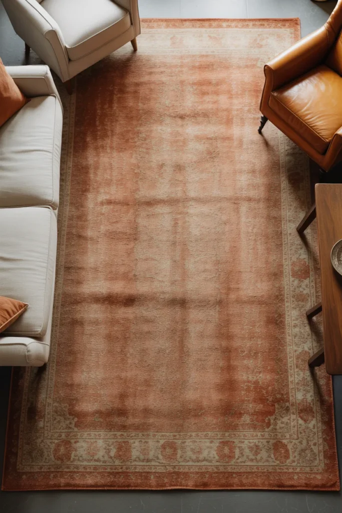 a living room from above, emphasizing the large area rug