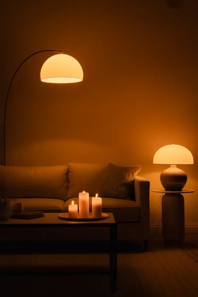 a living room lit entirely without overhead lighting. A tall arc floor lamp with warm glow in the left corner