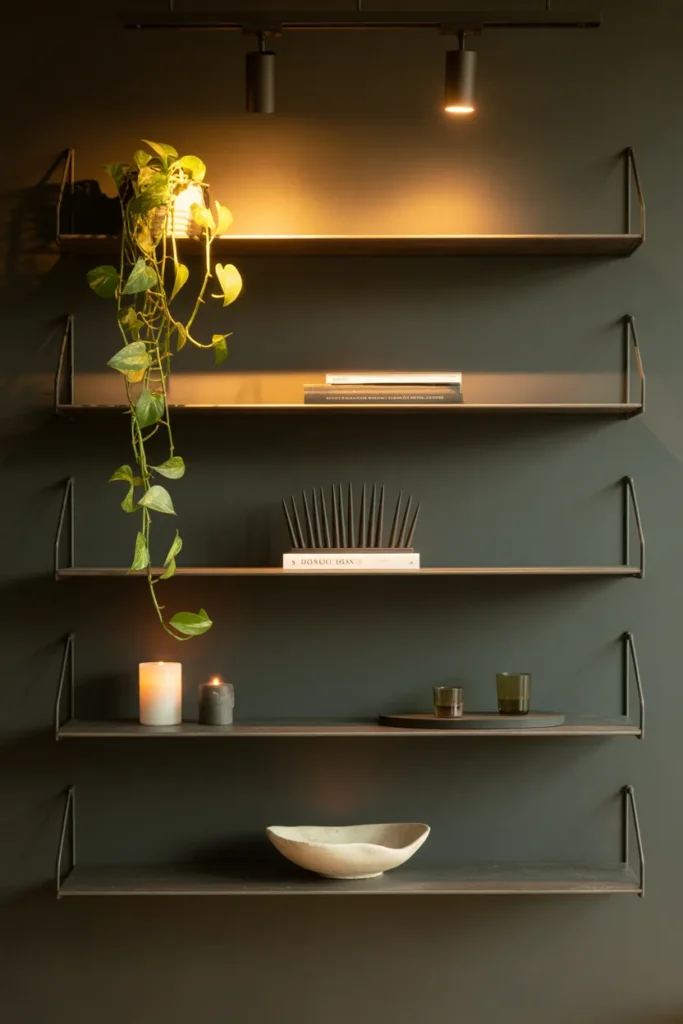 a living room wall with six staggered black metal floating shelves at varying heights