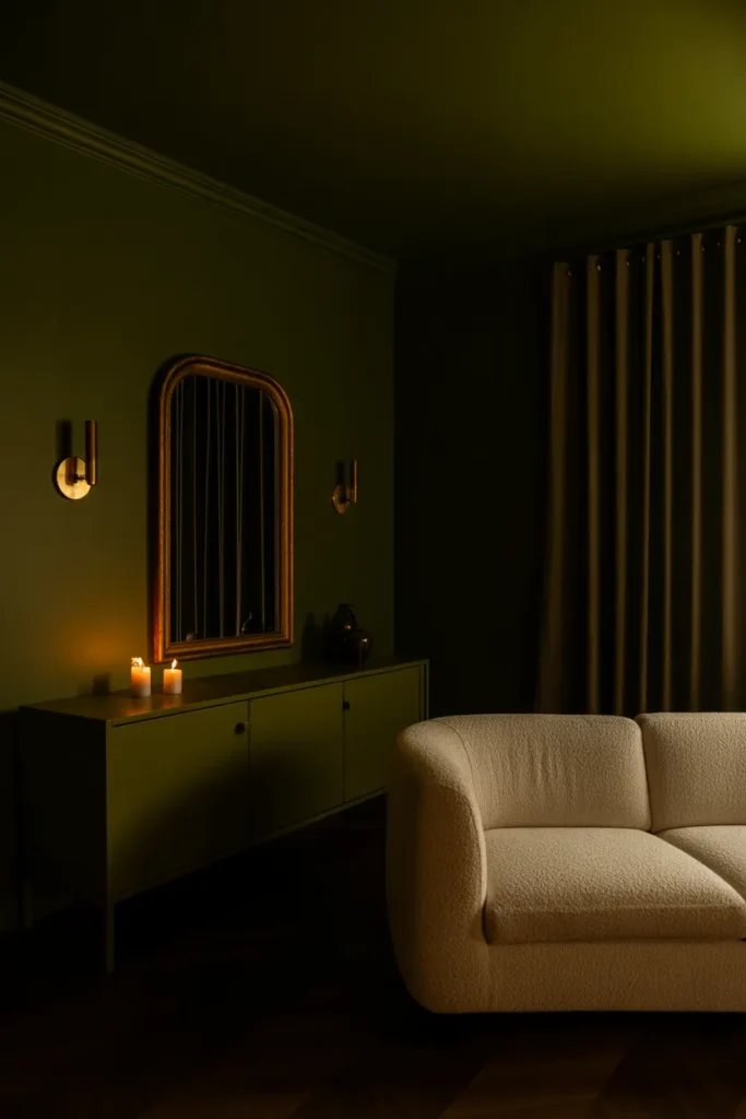 a living room with deep olive green walls