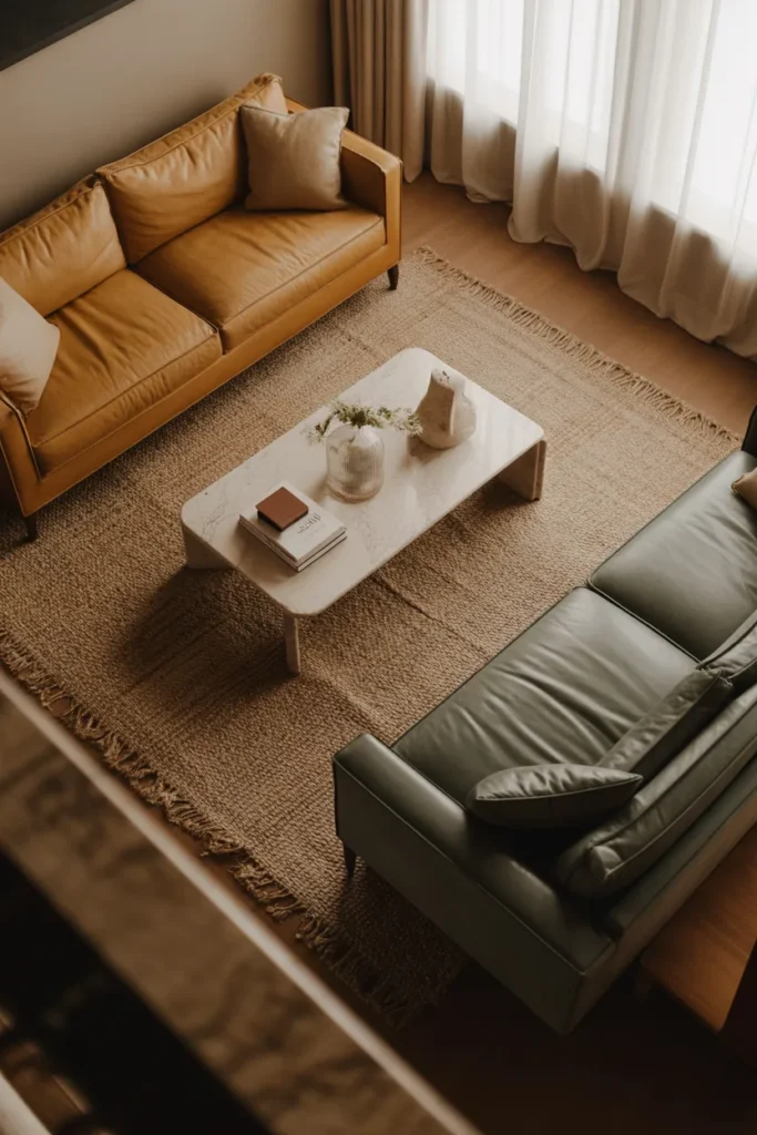 a living room with two sofas facing each other across a low marble coffee table