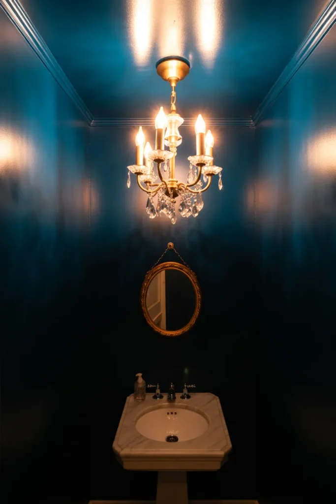 a mini five-arm antique brass chandelier with crystal drops hanging from a deep navy blue ceiling