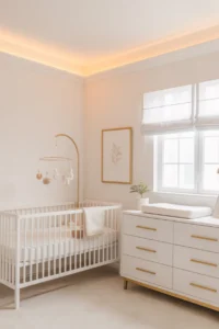 a minimalist girl nursery in warm white with gold accents throughout