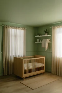 a modern boy nursery painted in matte sage green on all four walls