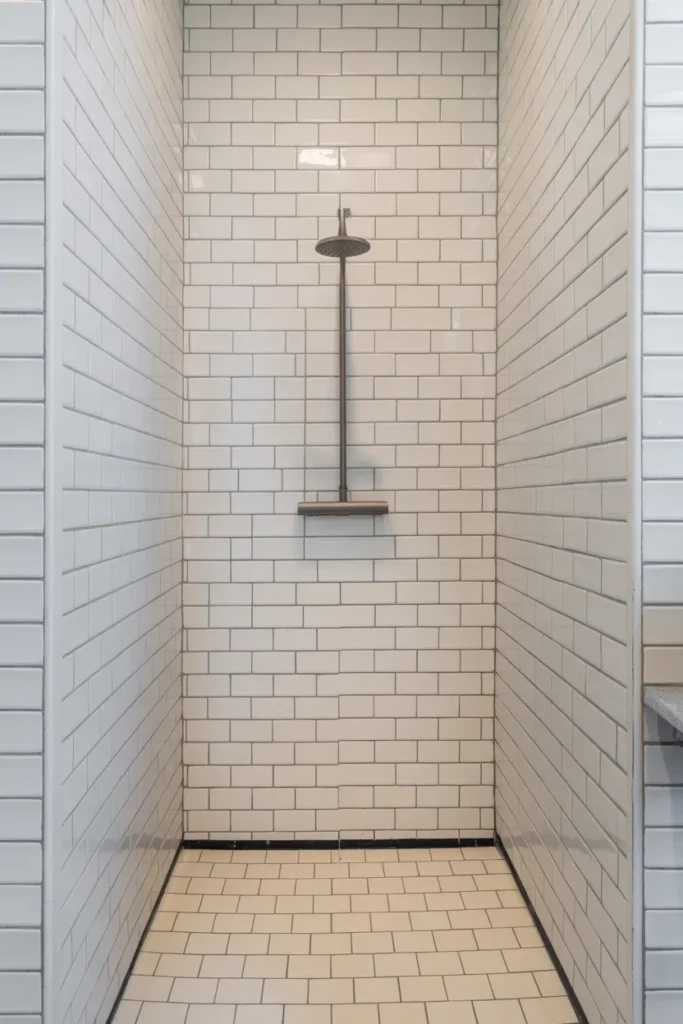 a shower interior with white subway tile laid in a vertical stack pattern, floor to ceiling, with no border