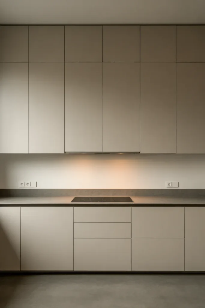 a sleek kitchen with flat-front matte white lacquer cabinets and no visible handles. Push-to-open mechanism implied.