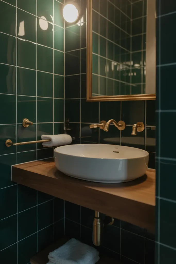 a small bathroom with deep forest green wall tiles from floor to ceiling
