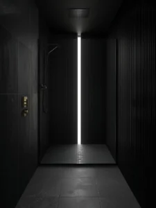 all-black bathroom where every surface is tiled