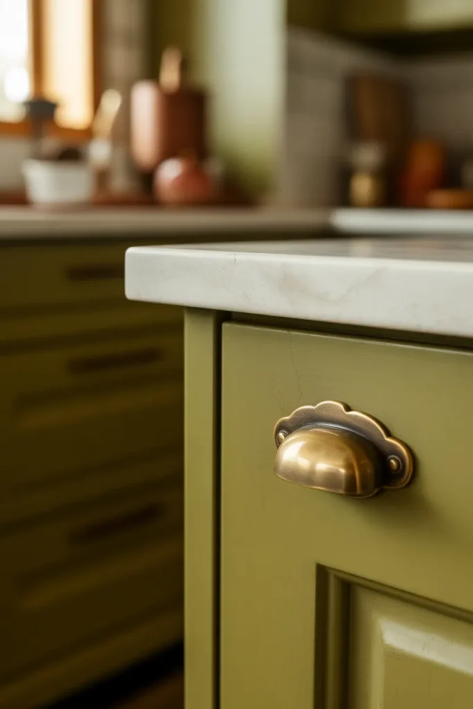 an unlacquered brass drawer pull on a warm sage green cabinet door