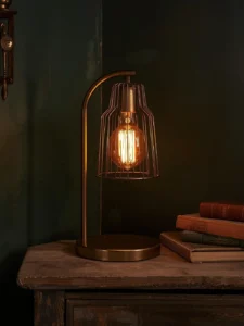 antique brass wire cage table lamp