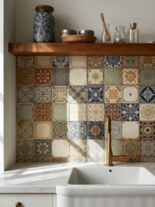 antique ceramic tiles in a patchwork arrangement