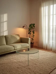 apartment living room with a round clear acrylic coffee table